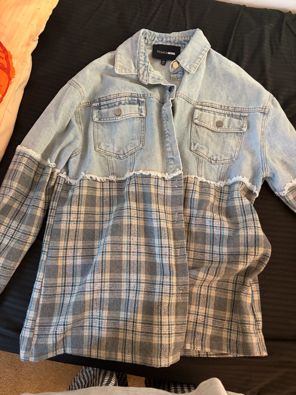 Fashion Nova Light Blue Denim & Blue-Tan Plaid Shacket